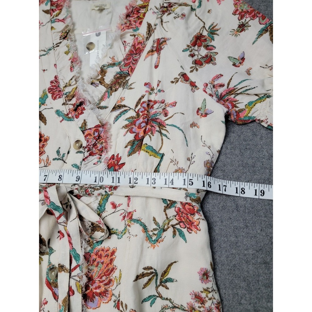 Anthropologie Cream Floral Wrap Midi Dress with Pink & Green Blooms - Picture 5 of 9